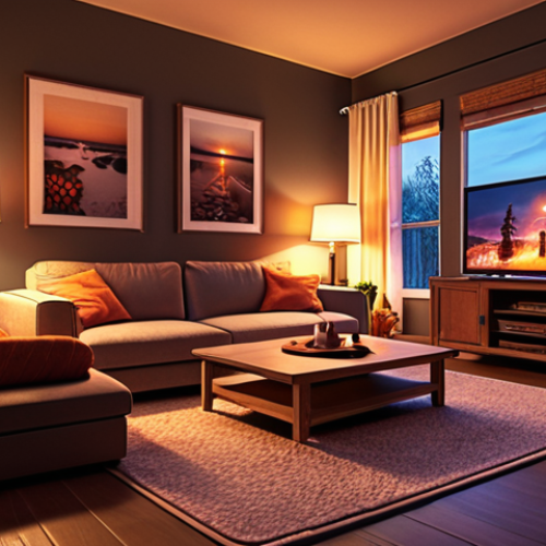 Home 11 **Smart Lighting Ambiance:** A cozy living room at dusk, showcasing smart lighting with warm, adjustable colors, controlled via a smartphone app.