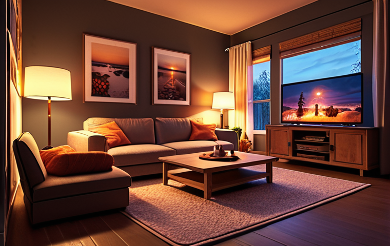 **Smart Lighting Ambiance:** A cozy living room at dusk, showcasing smart lighting with warm, adjustable colors, controlled via a smartphone app.
