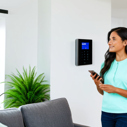 Home 6 A professional, serene woman in modest, comfortable attire, standing in a bright, modern smart home living room. She is looking at a sleek wall-mounted smart thermostat, which displays energy usage data. Soft, energy-efficient smart lighting illuminates the space. Green plants are strategically placed, emphasizing a sustainable and calm environment. The scene showcases the integration of technology for energy efficiency and a healthy lifestyle. Perfect anatomy, natural pose, correct proportions, well-formed hands, proper finger count, natural body proportions. Fully clothed, appropriate attire, safe for work, appropriate content, professional, family-friendly, high-quality, ultra-detailed.