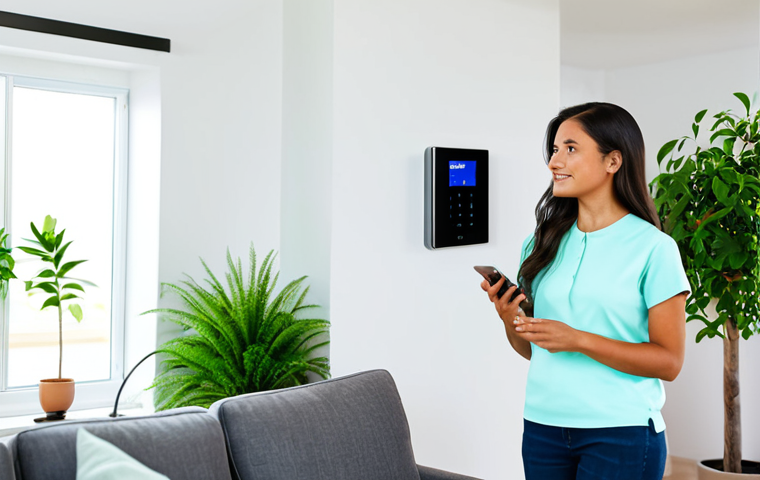A professional, serene woman in modest, comfortable attire, standing in a bright, modern smart home living room. She is looking at a sleek wall-mounted smart thermostat, which displays energy usage data. Soft, energy-efficient smart lighting illuminates the space. Green plants are strategically placed, emphasizing a sustainable and calm environment. The scene showcases the integration of technology for energy efficiency and a healthy lifestyle. Perfect anatomy, natural pose, correct proportions, well-formed hands, proper finger count, natural body proportions. Fully clothed, appropriate attire, safe for work, appropriate content, professional, family-friendly, high-quality, ultra-detailed.