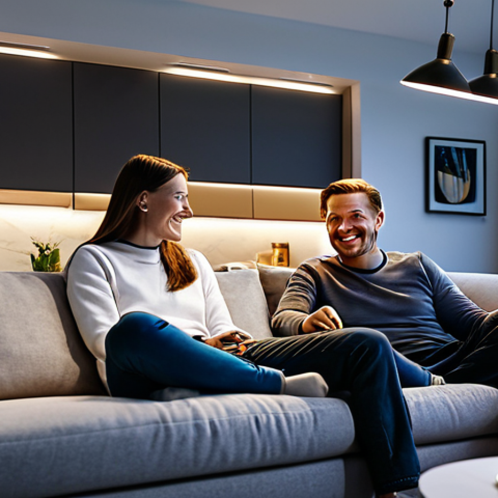 스마트 홈 기술의 향후 발전 방향 - Smart Lighting & Energy Efficiency**
"A modern living room at dusk, illuminated by soft, adjustable...