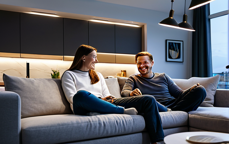 스마트 홈 기술의 향후 발전 방향 - Smart Lighting & Energy Efficiency**
"A modern living room at dusk, illuminated by soft, adjustable...