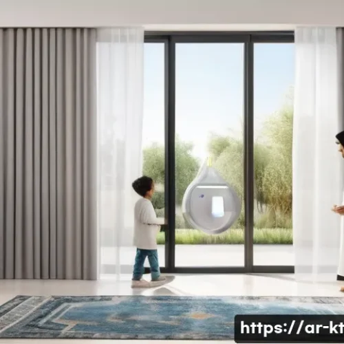 Home 32 생활환경에서의 기술 활용 사례 - A modern Arabic home interior showcasing a sleek smart kitchen with a connected smart refrigerator d...