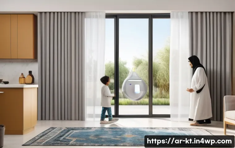 생활환경에서의 기술 활용 사례 - A modern Arabic home interior showcasing a sleek smart kitchen with a connected smart refrigerator d...