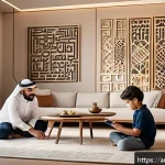 Home 19 스마트 환경의 미래 예측 - A modern Middle Eastern family using a smart home system in a spacious living room decorated with tr...