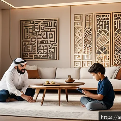 Home 31 스마트 환경의 미래 예측 - A modern Middle Eastern family using a smart home system in a spacious living room decorated with tr...