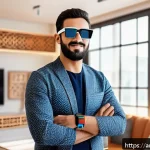 Home 23 스마트 가전의 최신 트렌드 분석 - A modern Arabic man wearing a stylish smart wristband and smart glasses, standing in a bright living...
