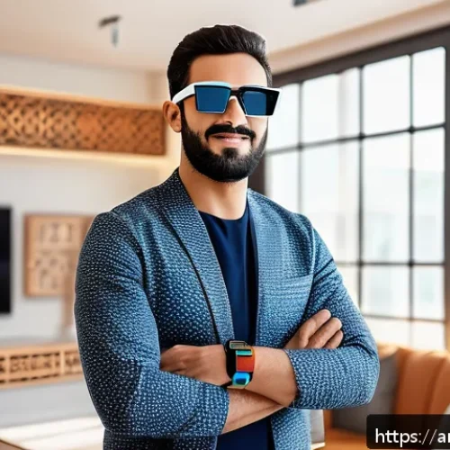 Home 17 스마트 가전의 최신 트렌드 분석 - A modern Arabic man wearing a stylish smart wristband and smart glasses, standing in a bright living...