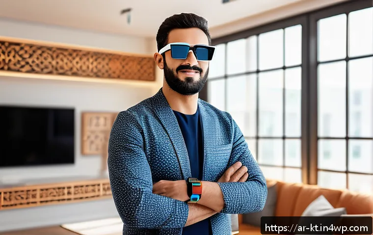 스마트 가전의 최신 트렌드 분석 - A modern Arabic man wearing a stylish smart wristband and smart glasses, standing in a bright living...