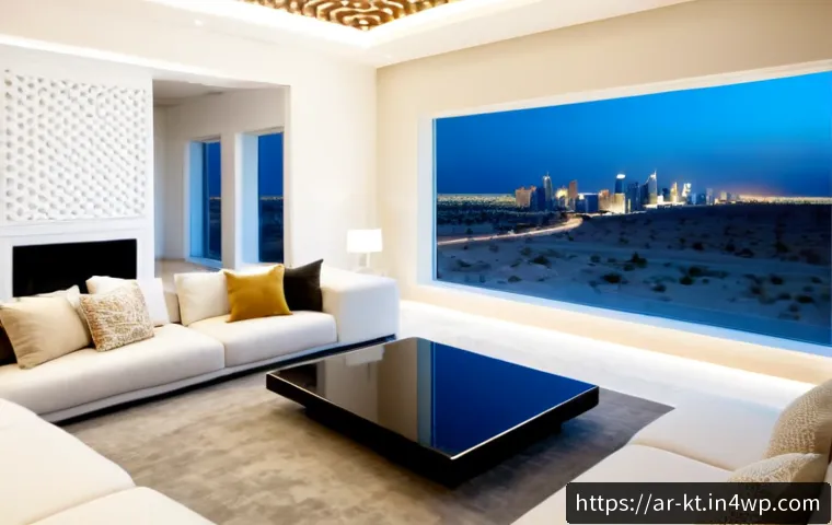 기술 통합과 공간 디자인의 혁신 - Photorealistic smart living room in a contemporary Gulf Arab home, seamless technology integration w...